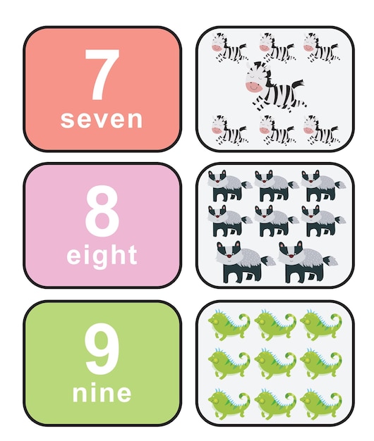 Vecteur jolie carte mémoire colorée pour les enfants qui apprennent à compter cartes avant et arrière avec des animaux
