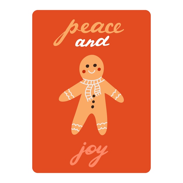 Jolie carte postale pour les vacances d'hiver de joyeux Noël nouvel an affiche avec belle lettrage Paix et joie vecteur illustration dessinée à la main d'un bonhomme en pain d'épice souriant avec écharpe Modèle de carte de voeux