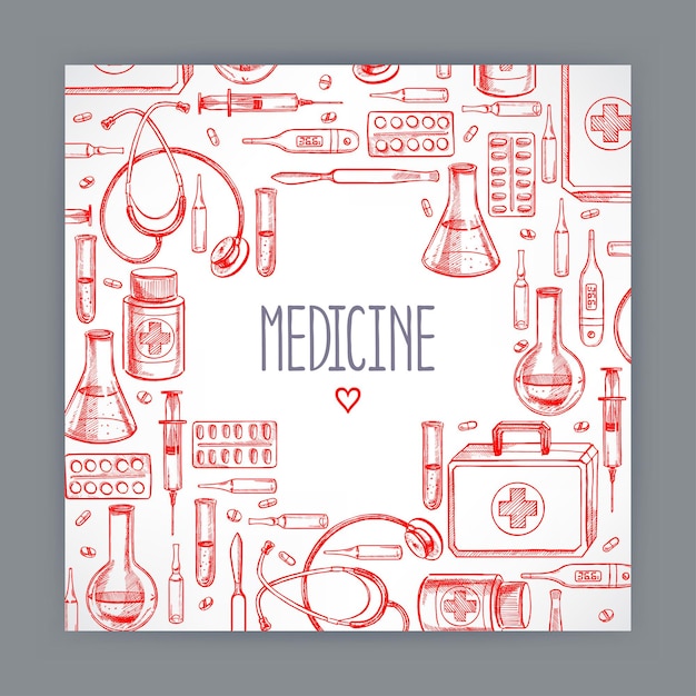 Jolie Carte De Voeux Avec Fournitures Médicales. Illustration Dessinée à La Main