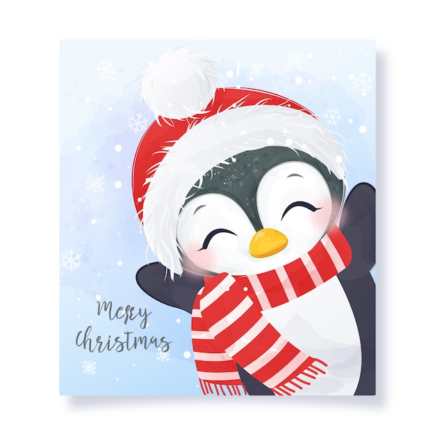 Jolie Carte De Voeux De Noël Avec Illustration Adorable Pingouin.