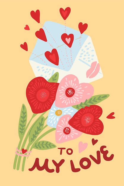 Jolie Carte De Voeux Saint Valentin Symbole De Vacances D'amour Et De Romance Doux Coeurs Et Fleurs Enveloppe De Lettre Romantique Bouquet Floral Célébration Festive Conception D'affiche De Dessin Animé Vectoriel