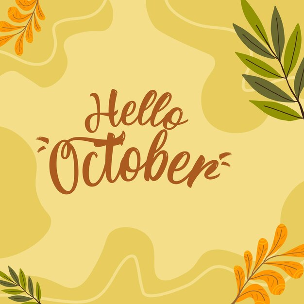 Vecteur jolie citation de lettrage à la main bonjour octobre décorée de feuilles d'automne esquissées.