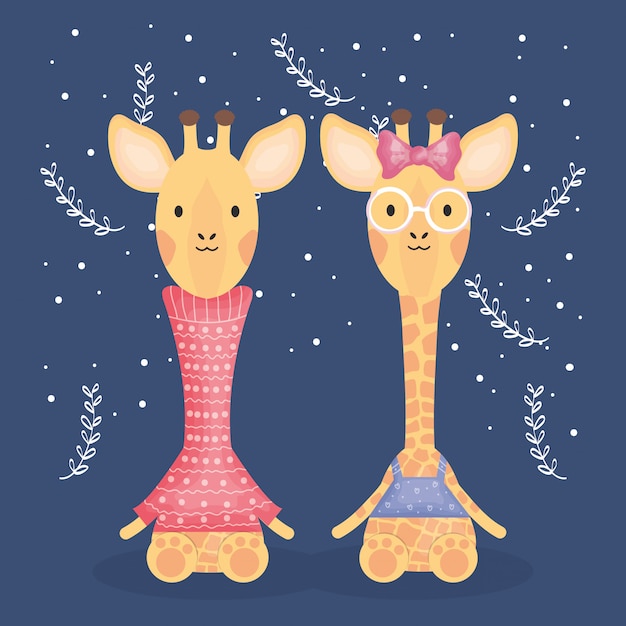 Jolie Couple De Girafes Avec Des Personnages De Vêtements