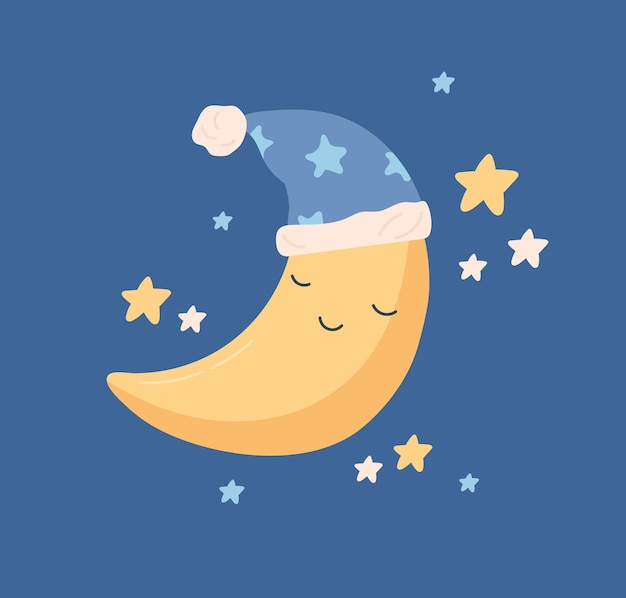Jolie demi-lune jaune dormant dans un chapeau avec pompon au ciel nocturne avec des étoiles. Caractère de croissant de bébé doux en bonnet de nuit. Illustration vectorielle de couleur enfantine dans un style de dessin animé plat.