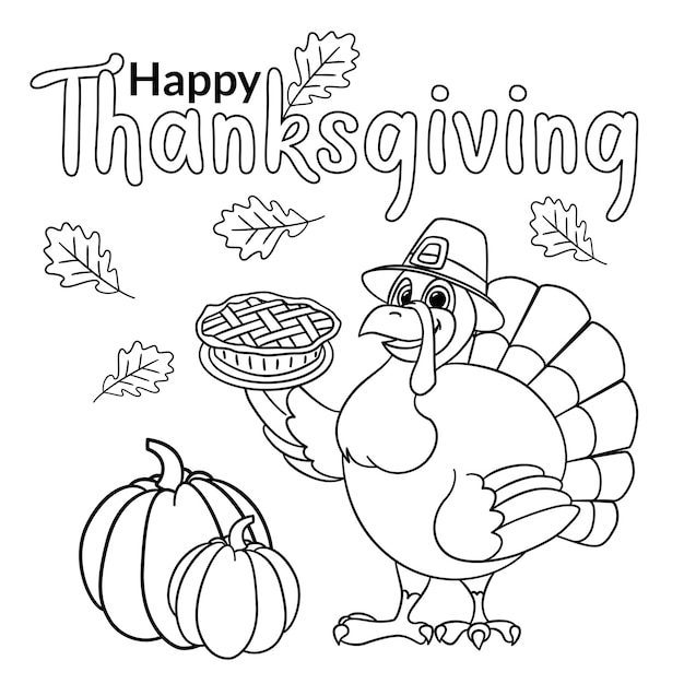 Une Jolie Dinde De Dessin Animé Portant Un Chapeau De Pèlerin Souhaite Un Joyeux Jour De Thanksgiving Décrit Pour La Page à Colorier Sur Fond Blanc