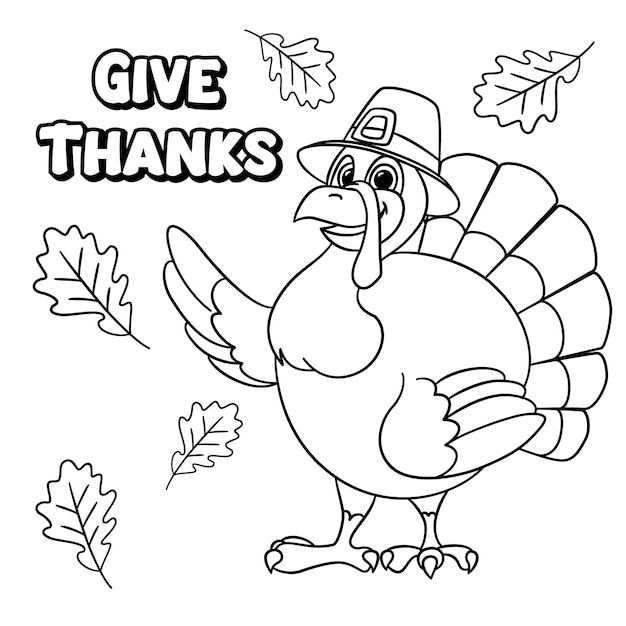 Une jolie dinde de dessin animé portant un chapeau de pèlerin souhaite un joyeux jour de Thanksgiving décrit pour la page à colorier sur fond blanc