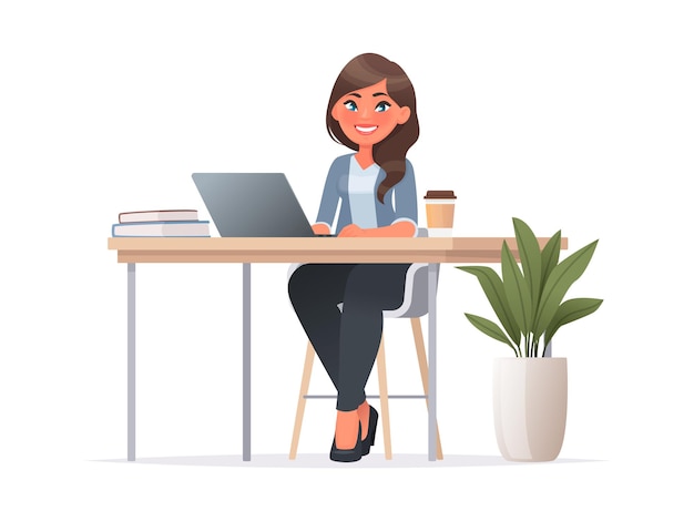 Jolie Femme Est Assise Au Bureau. Employé De Bureau Sur Le Lieu De Travail. Travailler à L'ordinateur Portable. Illustration Vectorielle En Style Cartoon