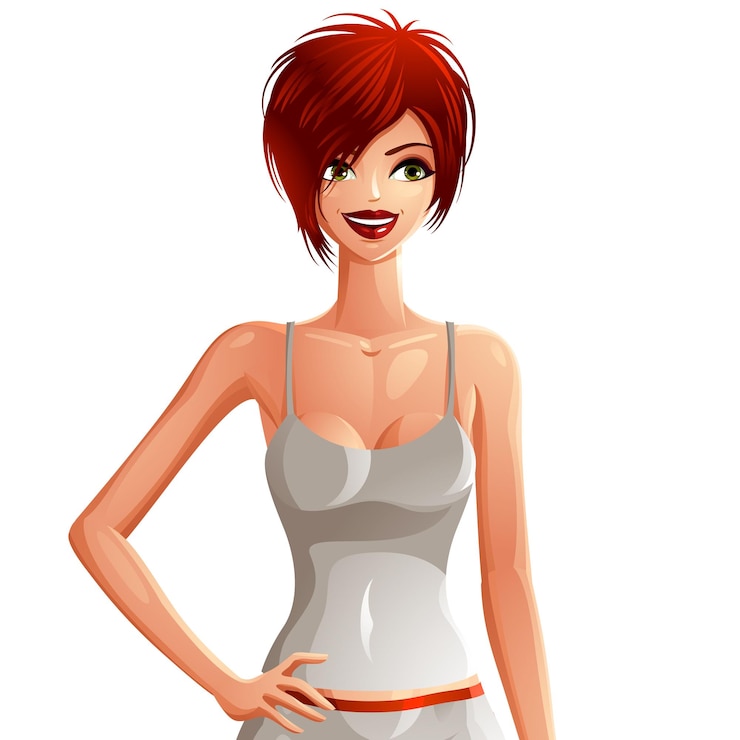 Vecteur jolie femme à la peau blanche dans un vêtement de sport. dessin coloré d'une jolie fille caucasienne mince avec une coiffure moderne et tenant sa main sur une taille. illustration de thème sport et fitness.