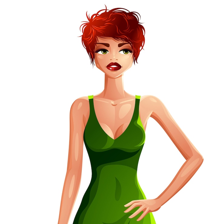 Vecteur jolie femme à la peau blanche vêtue d'une magnifique robe d'été lumineuse. dessin coloré d'une jolie fille caucasienne mince avec une coiffure moderne et tenant sa main sur une taille.