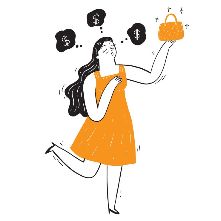 Jolie femme avec son nouveau sac avec une bulle rêvant d'argent.
