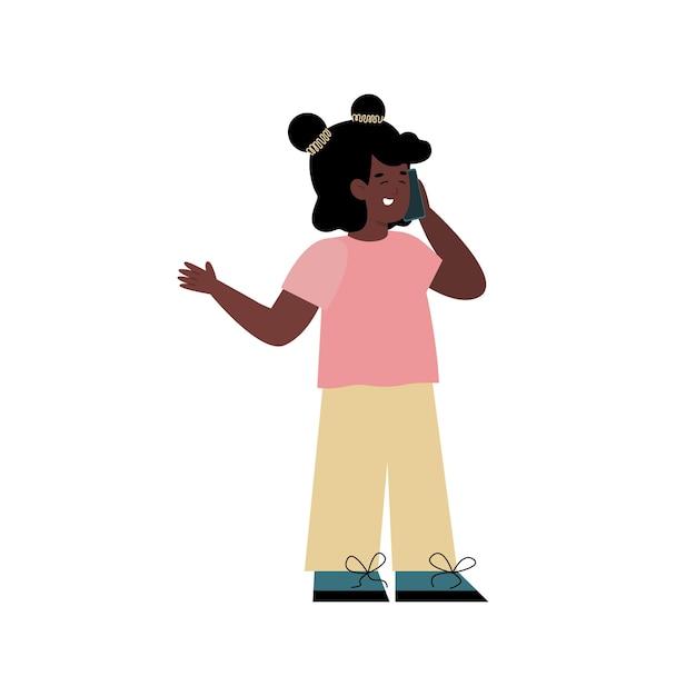 Jolie Fille Afro-américaine Parlant Illustration De Dessin Animé De Téléphone Isolé