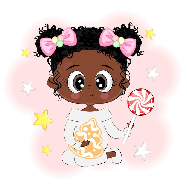 Jolie Fille Afro Avec Des Bonbons Et Des Biscuits Illustration Vectorielle De Noël