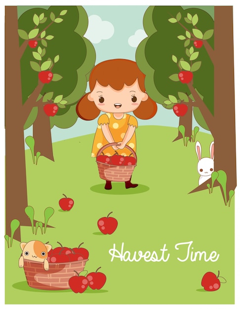 Jolie fille et un ami animal vecteur récolte des pommes dans la ferme