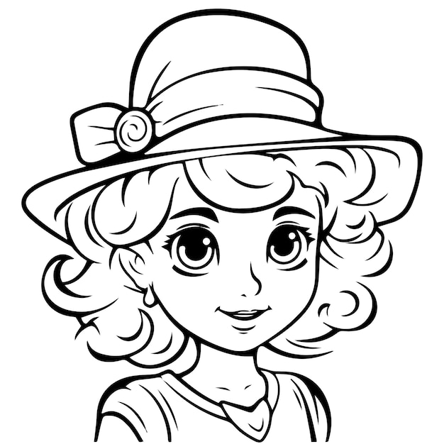 Vecteur jolie fille d'art en ligne avec un chapeau, illustration vectorielle de page de livre de coloriage