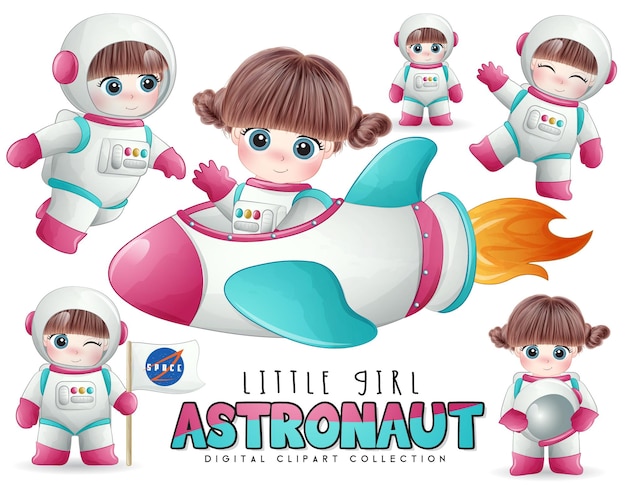 Jolie Fille Astronaute Pose Dans Un Jeu D'illustrations De Style Aquarelle