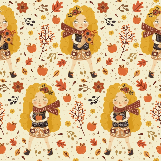 Vecteur jolie fille blonde en automne modèle sans couture