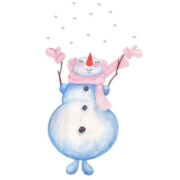 Jolie fille bonhomme de neige aquarelle attrape des flocons de neige.