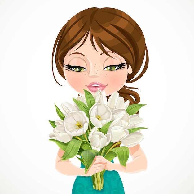Vecteur jolie fille brune tenant un beau bouquet de tulipes blanches sur whi