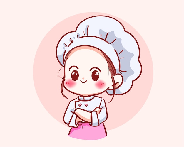 Jolie fille de chef en personnage uniforme souriant debout avec les bras croisés nourriture restaurant logo dessin animé art illustration