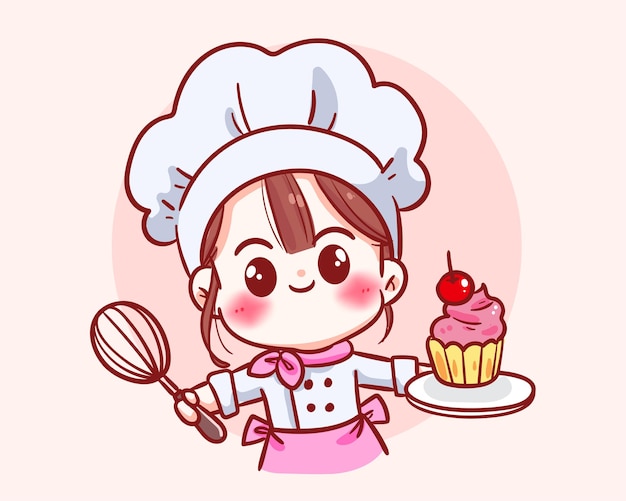 Jolie fille de chef en personnage uniforme tenant une illustration d'art de dessin animé de logo de restaurant de nourriture de gâteau