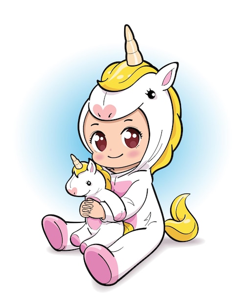 Jolie Fille En Costume De Licorne étreignant La Poupée Licorne