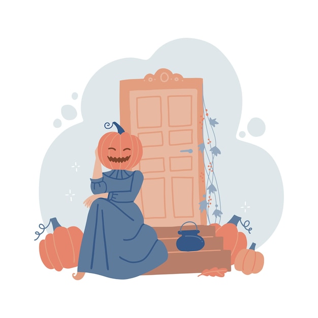 Jolie Fille En Costume De Sorcière Avec Une Citrouille Sur La Tête Près D'une Maison Décorée Pour Halloween Avec Un Esprit Mignon...