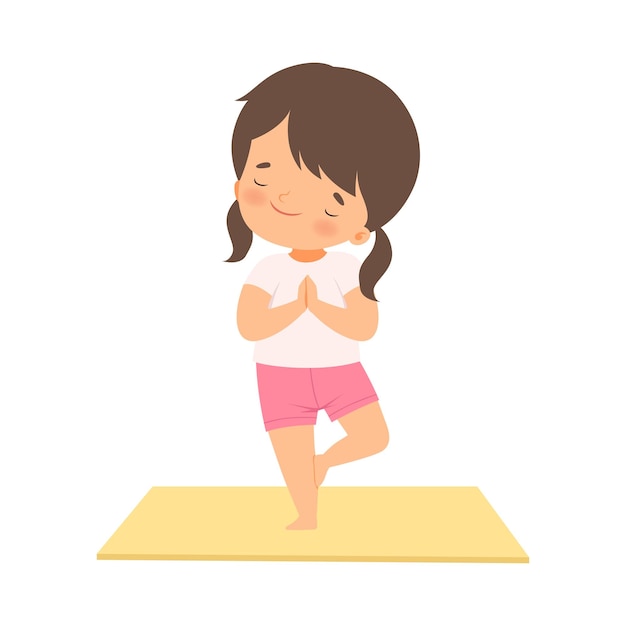 Vecteur une jolie fille dans une pose d'arbre un enfant adorable pratiquant le yoga une illustration vectorielle d'un style de vie sain et actif