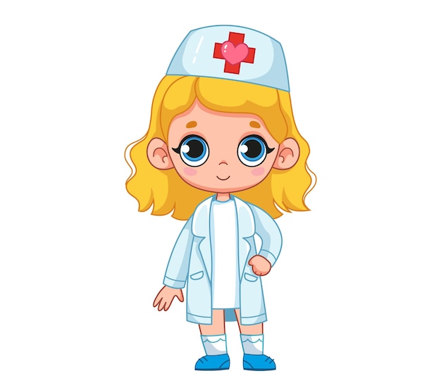 Jolie fille de dessin animé dans un costume blanc de médecin ou d'infirmière Le concept de choix d'une profession