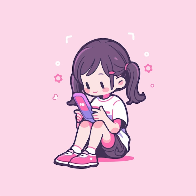 Vecteur une jolie fille de dessin animé de kawaii jouant à l'anime sur smartphone