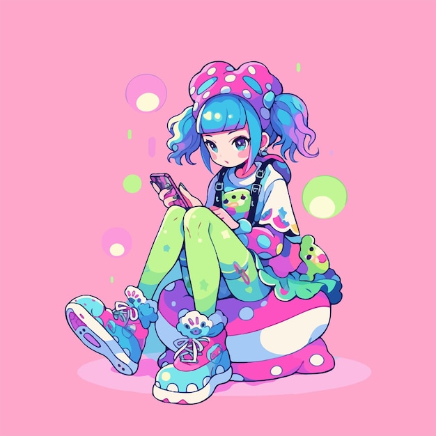 Vecteur une jolie fille de dessin animé de kawaii jouant à l'anime sur smartphone