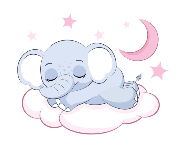 Jolie Fille éléphant Dormant Sur Un Nuage Illustration Vectorielle D'un Dessin Animé