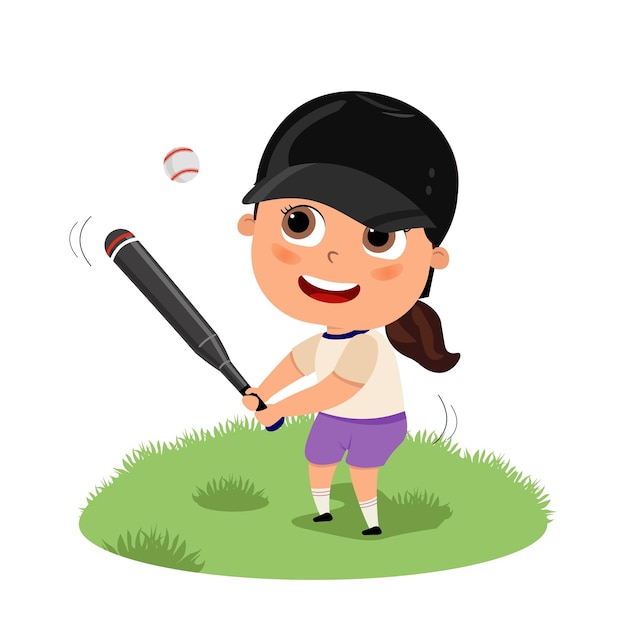 Jolie Fille Heureuse Jouant Au Baseball Ou Au Football Américain Illustration De Dessin Animé Plat Adolescent Debout Avec Une Batte Sur Un Terrain