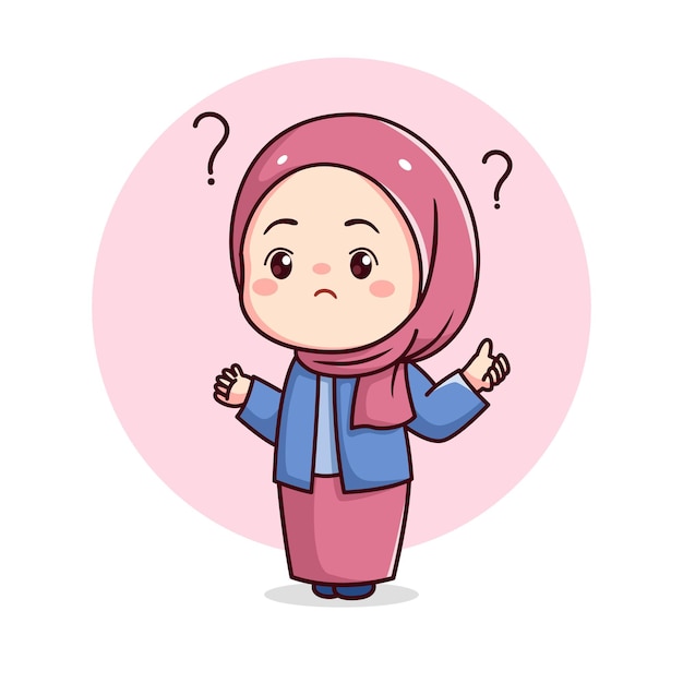 Jolie Fille Hijab Se Sentant Confuse Avec Des Points D'interrogation Personnage Plat Kawaii Chibi