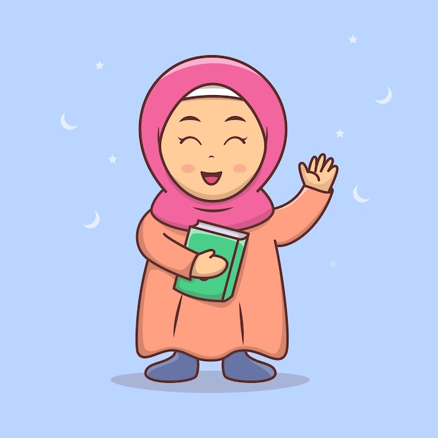 Jolie Fille Hijab Tenant Coran Illustration Vectorielle Fille Musulmane Avec Dessin Animé Hijab Vecteur Premium