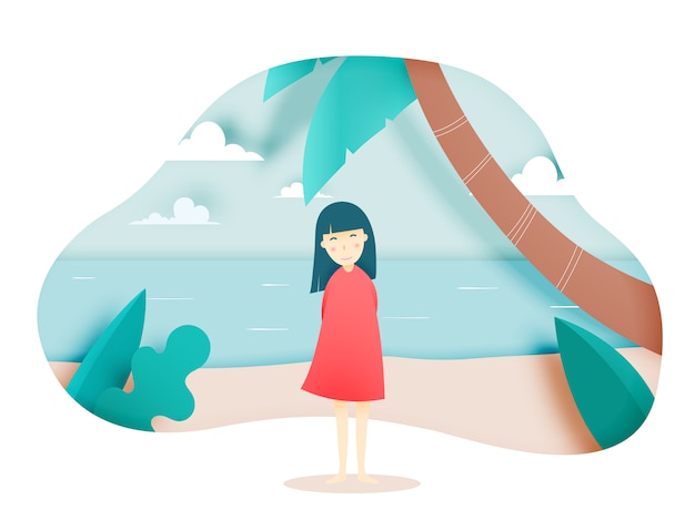 Jolie fille avec illustration de belle plage