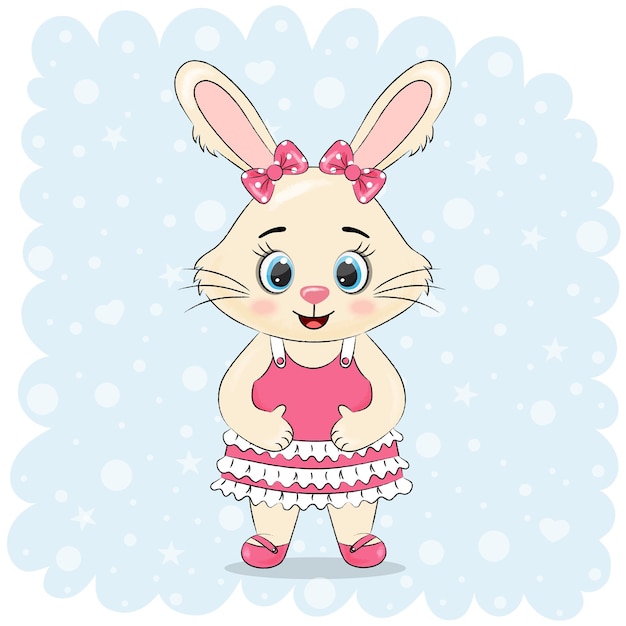 jolie fille lapin dans une robe rose sur fond bleu