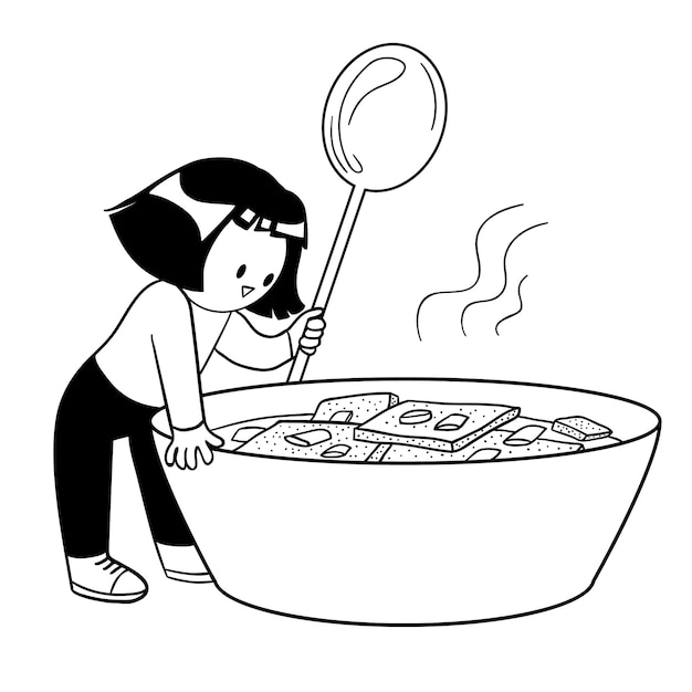 Jolie fille mangeant une soupe de gâteau de poisson coréen eomukguk Illustration vectorielle isolée en style cartoon