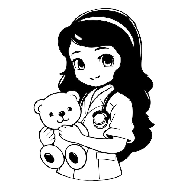 Vecteur une jolie fille médecin tenant un ours en peluche illustration vectorielle