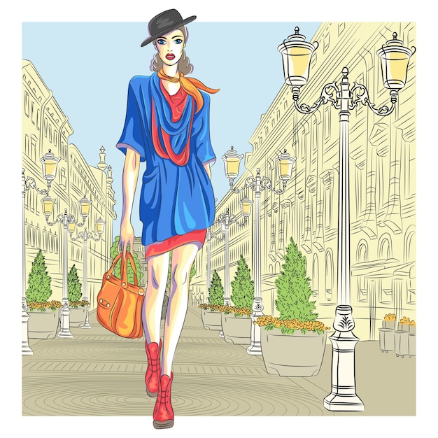 Jolie Fille De Mode Au Chapeau Avec Sac En Style Croquis Va à Saint-pétersbourg