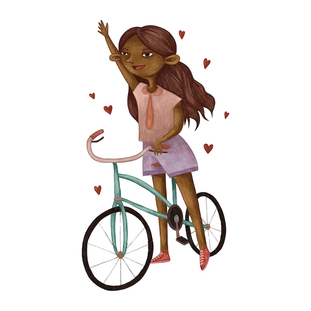 Jolie Fille Et Monte Un Vélo, Illustration Couleur Crayon