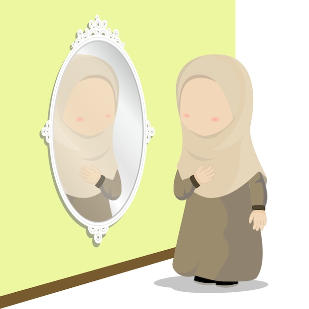 Jolie Fille Musulmane Avec Réflexion Sur Miroir