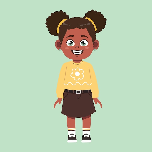 Une jolie fille noire africaine avec des cheveux afro, un sourire de dessin animé et un bonheur.