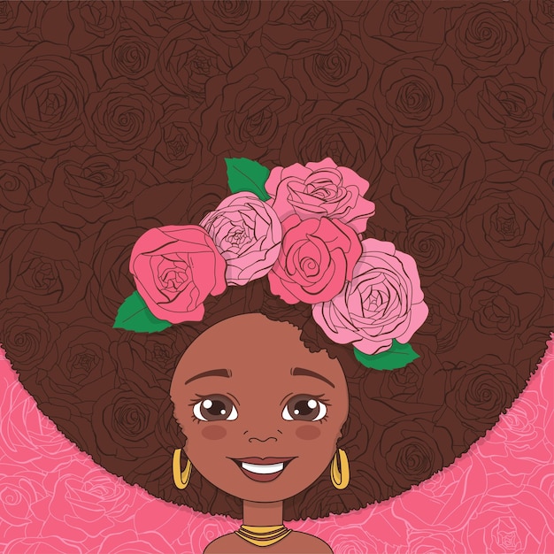 Vecteur jolie fille noire avec une coiffure de fleurs roses et une couronne de roses dans le style doodle