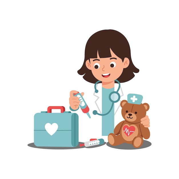 Une jolie fille avec des outils de médecin qui s'occupe d'un ours en peluche en art vectoriel plat