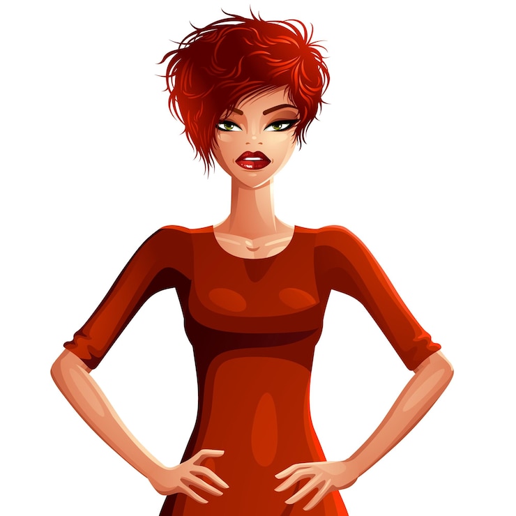 Vecteur jolie fille à la peau blanche avec les mains sur les hanches, illustration vectorielle colorée. sexy femme de race blanche, belle femme rousse.