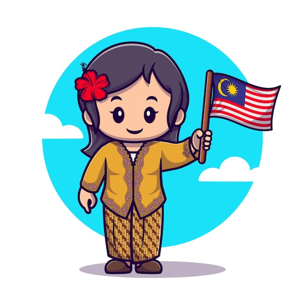 Une jolie fille portant des vêtements traditionnels et tenant le drapeau malaisien illustration d'icône vectorielle de dessin animé