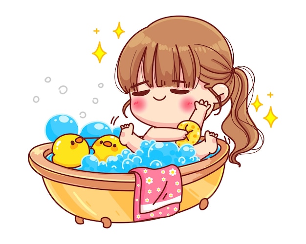 Jolie Fille Prenant Un Bain Avec Jouet De Canard Et Illustration De Dessin Animé De Bulles