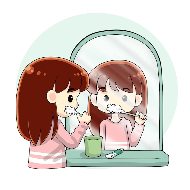 Vecteur une jolie fille se brosse les dents illustration de dessin animé vectoriel