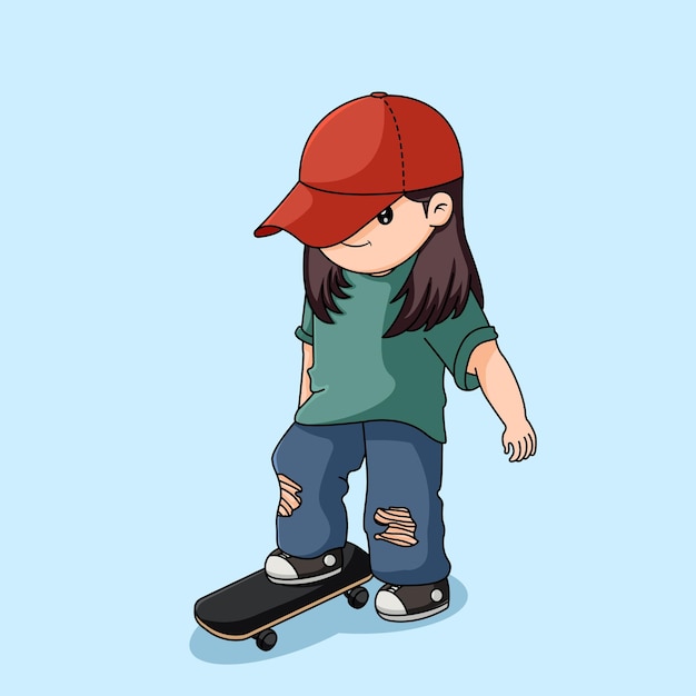 Vecteur une jolie fille en skateboard avec une illustration de red hat