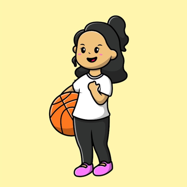 Jolie Fille Tenant Basket Ball Icône Vecteur Dessin Animé Illustration